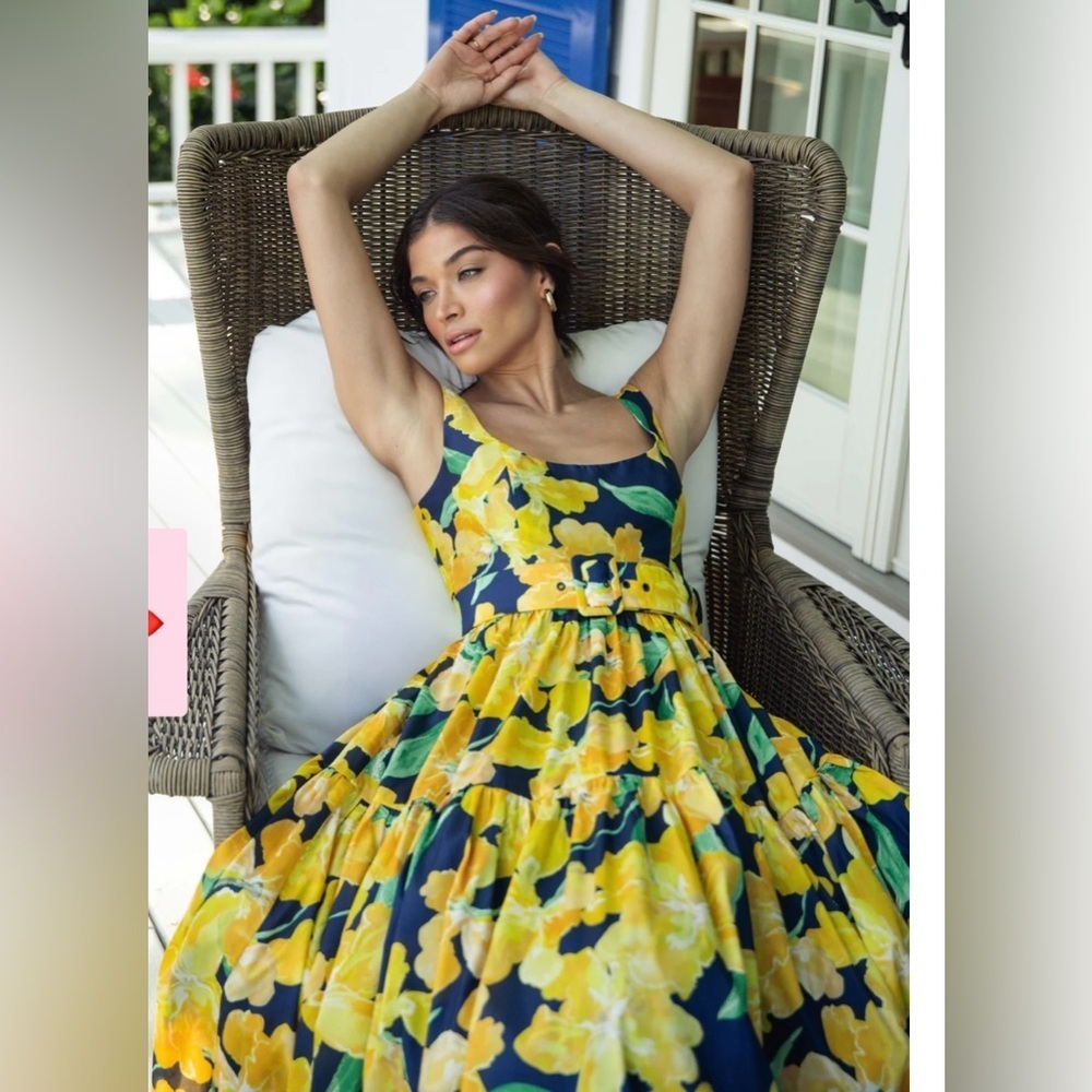 Hutch Anthropologie Alice Yellow Floral Midi Fit & Flare Cocktail Dress Womens 4 - Picture 3 of 12